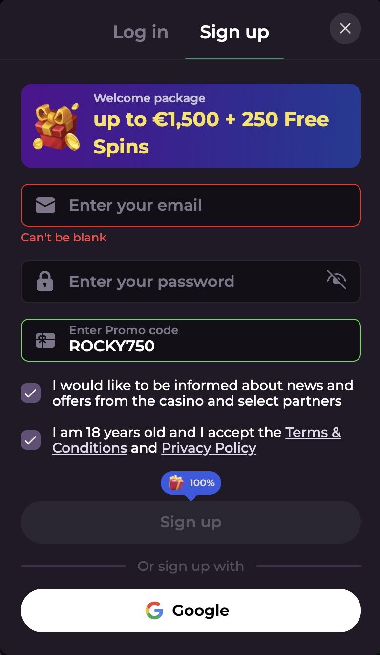 RockySpin Casino — formularz rejestracji z polem na kod promocyjny ROCKY750