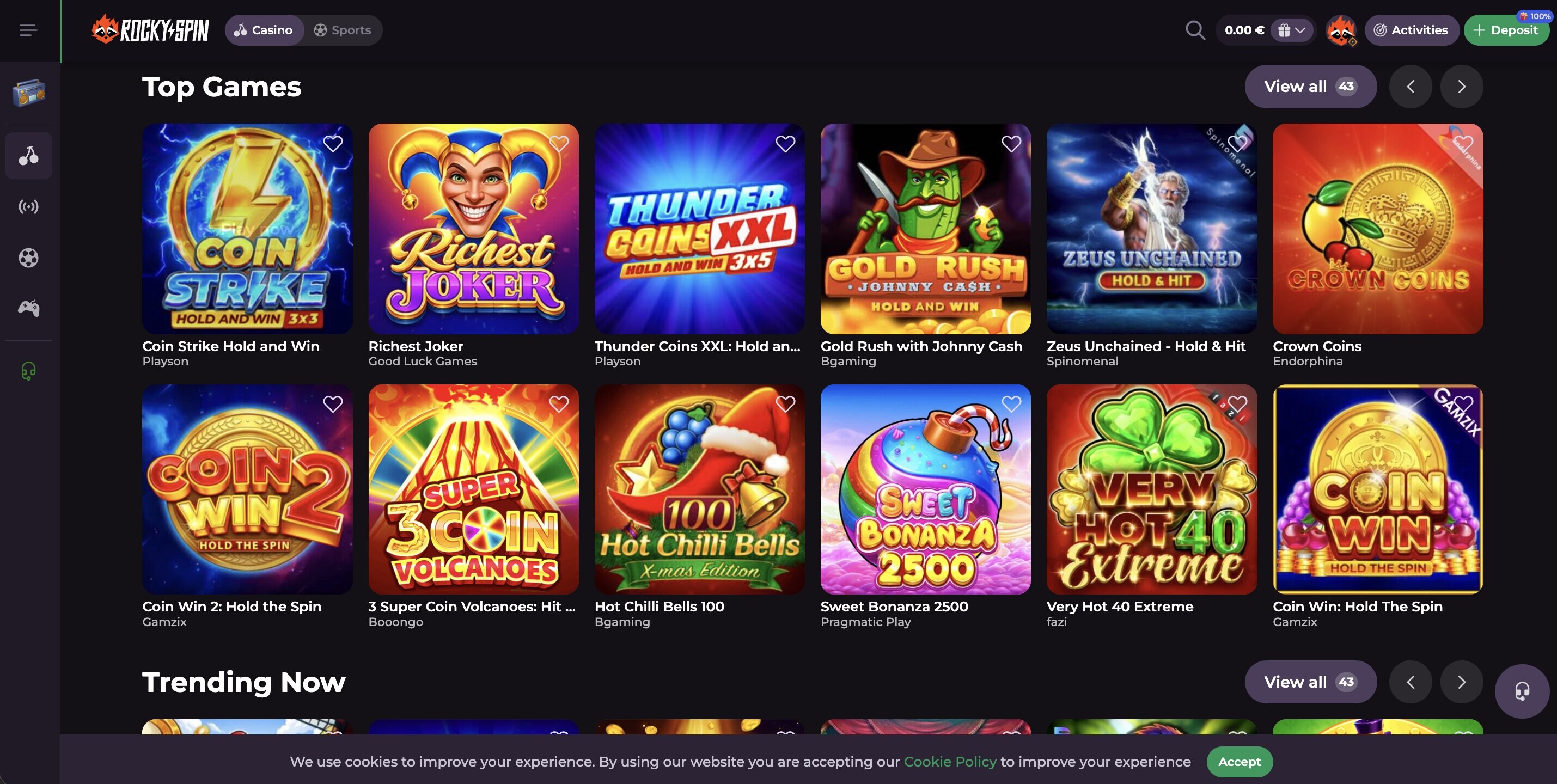RockySpin Casino slots lobby with game grid and provider filters