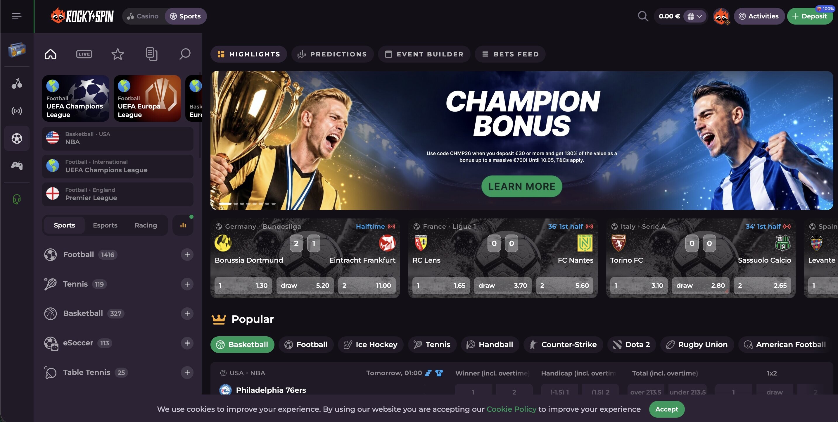 RockySpin Casino sportsbook lobby showing football, tennis, esports markets and live betting