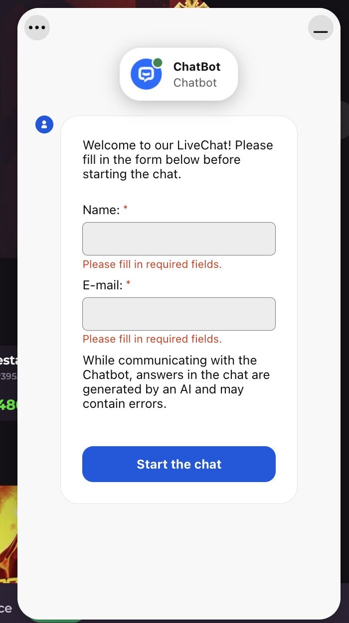 RockySpin Casino live chat support interface — observed response time approximately 60 minutes during our May 2026 test